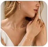 Gold Jewelry Set for Women Dainty 14K Gold/Silver Plated Pearl Necklace and Earring Set with Drop Earrings Bracelets Choker Necklace - Wedding Jewelry Gift