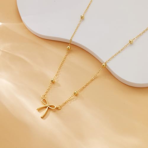 Gold Necklace For Women Dainty Bow Necklace 14K Gold Plated Cute Choker Necklace Small Bow Pendant Charm Necklaces Teen Gift Trendy Stuff Personalized Jewelry Gifts