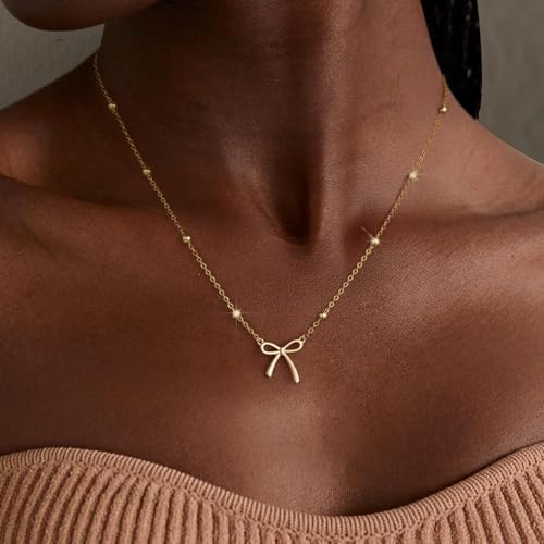 Gold Necklace For Women Dainty Bow Necklace 14K Gold Plated Cute Choker Necklace Small Bow Pendant Charm Necklaces Teen Gift Trendy Stuff Personalized Jewelry Gifts