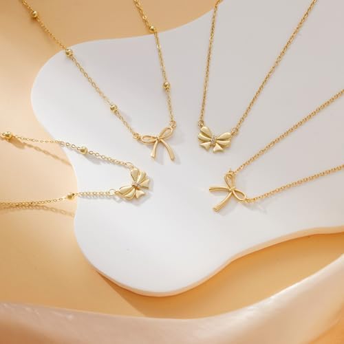Gold Necklace For Women Dainty Bow Necklace 14K Gold Plated Cute Choker Necklace Small Bow Pendant Charm Necklaces Teen Gift Trendy Stuff Personalized Jewelry Gifts