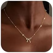 Gold Necklace for Women Dainty Bow Necklace 14K Gold Plated Cute Choker Necklace Small Bow Pendant Charm Necklaces Teen Gift Trendy Stuff Personalized Jewelry Gifts