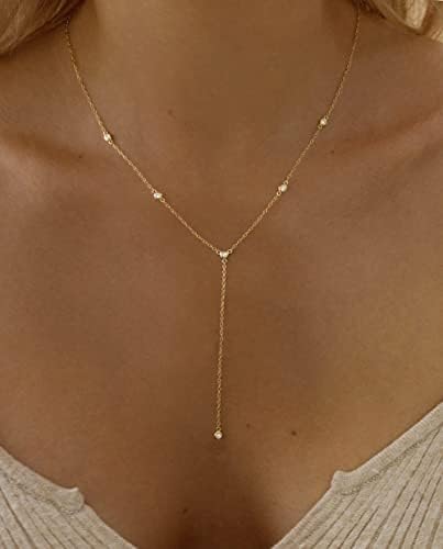 Gold Necklace For Women Dainty Gold Long Necklaces 14k Gold Plated Prom Bar CZ Lariat Necklace Simple Choker Necklaces For Women Trendy Boho Fashion Costume Jewelry Womens