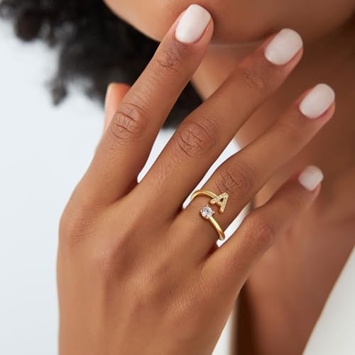 Gold Rings For Girls Women - Dainty 14K Gold Plated Adjustable Letter Rings Teen Girls Gifts Trendy Stuff Initial Ring Teen Girl Birthday Gift For Girl Non Tarnish
