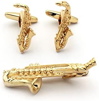 Gold Saxophone Cuff Links Musician Jazz Lover Cufflinks and Tie-Clip Set