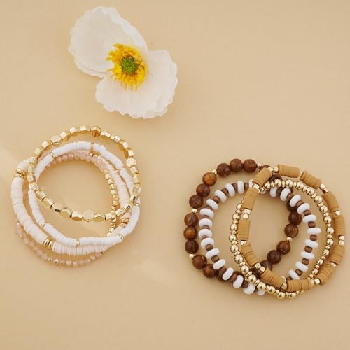 GOOJIDS Surfer Heishi Clay Bead Bracelets For Women Bohemian Stackable Gold Plated Beaded Stretch Bracelets Elastic Layering Friendship Bracelets Set Boho Jewelry