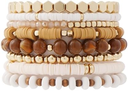 GOOJIDS Surfer Heishi Clay Bead Bracelets for Women Bohemian Stackable Gold Plated Beaded Stretch Bracelets Elastic Layering Friendship Bracelets Set Boho Jewelry
