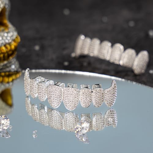 Grills For Your Teeth - 14K Gold Plated Hip Hop Imitation Diamond Fang Grillz For Women - Mens Vampire Grillz With CZ - Unisex Halloween Costume Accessory