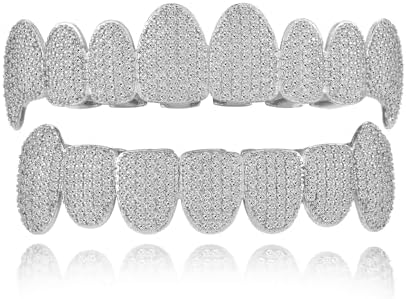 Grills for Your Teeth - 14K Gold Plated Hip Hop Imitation Diamond Fang Grillz for Women - Mens Vampire Grillz with CZ - Unisex Halloween Costume Accessory