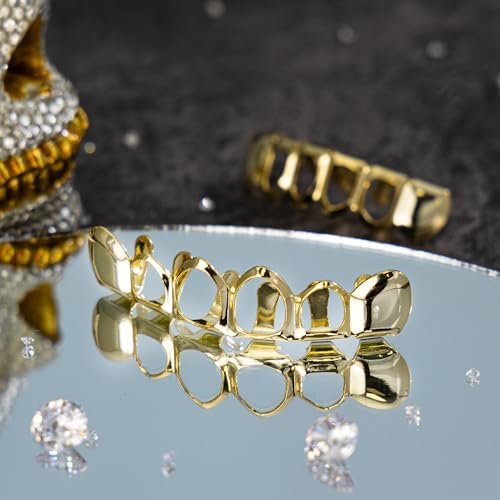 Grillz - Gold & Silver 6/8 Teeth Top & Bottom Grillz Set For Men And Women 14K Gold Plated Teeth Caps For Halloween Costume Accessories