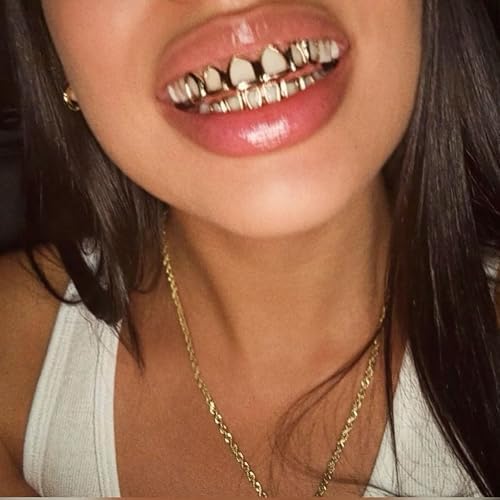 Grillz - Gold & Silver 6/8 Teeth Top & Bottom Grillz Set For Men And Women 14K Gold Plated Teeth Caps For Halloween Costume Accessories