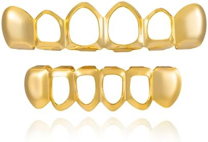 Grillz - Gold & Silver 6/8 Teeth Top & Bottom Grillz Set for Men and Women 14K Gold Plated Teeth Caps for Halloween Costume Accessories
