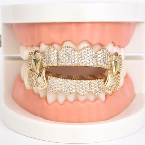 Grillz Street Hip Hop Personality Gold Shiny Copper Gold-plated Teeth Grillz Vampire Fangs Grills Daily Wear Halloween And Party Unisex - Comes With Tweezer & Dental Wax (8001Silver)