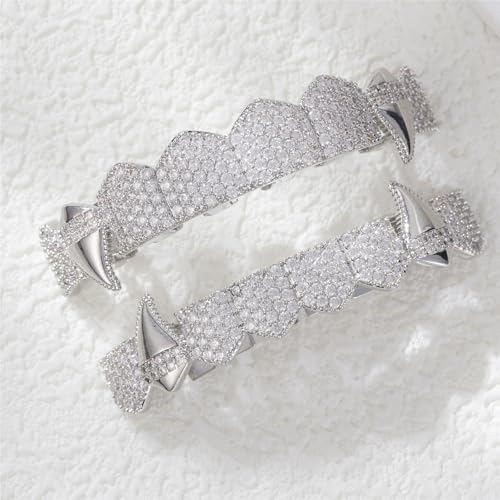 Grillz Street Hip Hop Personality Gold Shiny Copper Gold-plated Teeth Grillz Vampire Fangs Grills Daily Wear Halloween And Party Unisex - Comes With Tweezer & Dental Wax (8001Silver)