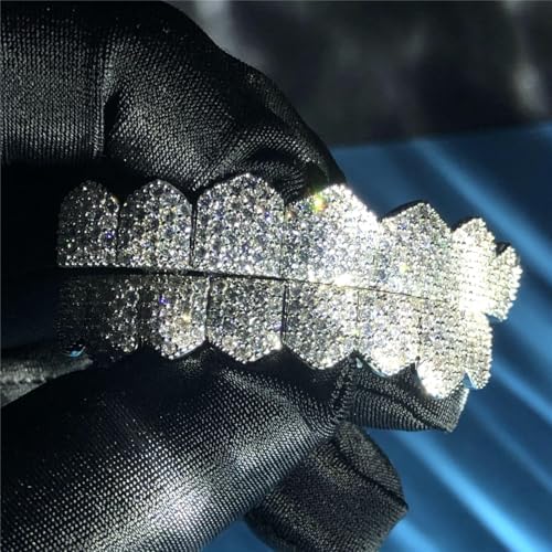 Grillz Street Hip Hop Personality Gold Shiny Copper Gold-plated Teeth Grillz Vampire Fangs Grills Daily Wear Halloween And Party Unisex - Comes With Tweezer & Dental Wax (8009Silver)