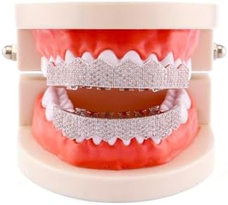 Grillz Street Hip Hop Personality Gold Shiny Copper Gold-plated Teeth Grillz Vampire Fangs Grills Daily Wear Halloween And Party Unisex - Comes With Tweezer & Dental Wax (8009Silver)