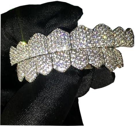 Grillz street Hip Hop personality Gold Shiny Copper gold-plated teeth Grillz Vampire fangs Grills Daily wear Halloween and Party Unisex - Comes With Tweezer & Dental Wax (8009Silver)