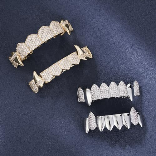 Grillz Street Hip Hop Personality Gold Shiny Copper Gold-plated Teeth Grillz Vampire Fangs Grills Daily Wear Halloween And Party Unisex - Comes With Tweezer & Dental Wax (8002Silver)