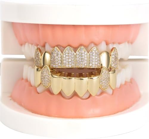 Grillz Street Hip Hop Personality Gold Shiny Copper Gold-plated Teeth Grillz Vampire Fangs Grills Daily Wear Halloween And Party Unisex - Comes With Tweezer & Dental Wax (8002Silver)