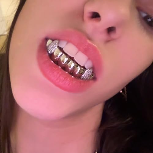 Grillz Street Hip Hop Personality Gold Shiny Copper Gold-plated Teeth Grillz Vampire Fangs Grills Daily Wear Halloween And Party Unisex - Comes With Tweezer & Dental Wax (8002Silver)