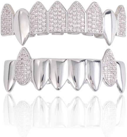 Grillz street Hip Hop personality Gold Shiny Copper gold-plated teeth Grillz Vampire fangs Grills Daily wear Halloween and Party Unisex - Comes With Tweezer & Dental Wax (8002Silver)