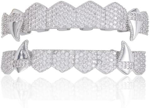 Grillz street Hip Hop personality Gold Shiny Copper gold-plated teeth Grillz Vampire fangs Grills Daily wear Halloween and Party Unisex - Comes With Tweezer & Dental Wax (8001Silver)