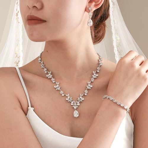 Hadskiss Jewelry Set For Women Necklace Dangle Earrings Bracelet Set With White AAA Cubic Zirconia Allergy Free Wedding Party Jewelry For Bridal Bridesmaid