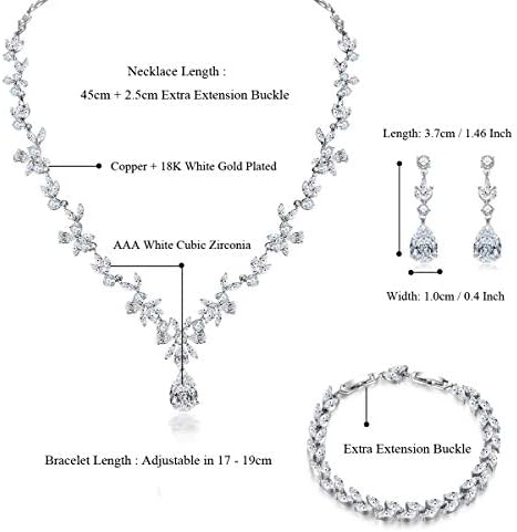 Hadskiss Jewelry Set For Women Necklace Dangle Earrings Bracelet Set With White AAA Cubic Zirconia Allergy Free Wedding Party Jewelry For Bridal Bridesmaid