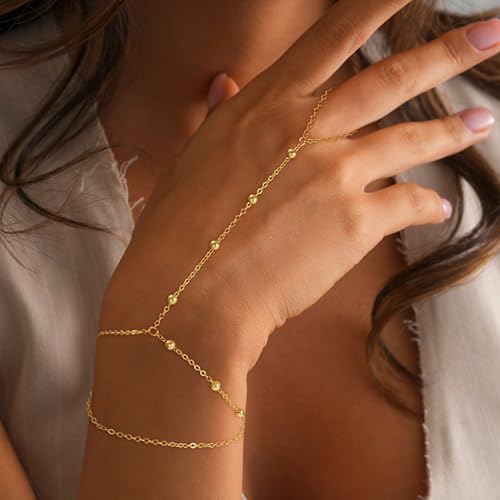 Hand Chain Bracelets For Women - 14K Real Gold Plated Dainty Stackable Paperclip Link Bracelets Hand Chain Bracelet Ring Gold Bracelets For Women Trendy