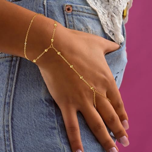 Hand Chain Bracelets For Women - 14K Real Gold Plated Dainty Stackable Paperclip Link Bracelets Hand Chain Bracelet Ring Gold Bracelets For Women Trendy