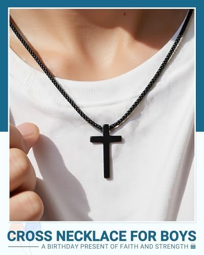 Happy Birthday Gifts For Boys 8-18 Years Old Black Cross Necklace With Bible Verse Joshua 1:9 For Son Grandson Nephew Friend