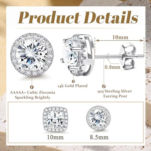 Hayoso 18K Gold Plated Halo Stud Earrings 925 Sterling Silver Cubic Zirconia Stud Earrings Round Square Diamonique Stud Earrings Set For Women Men