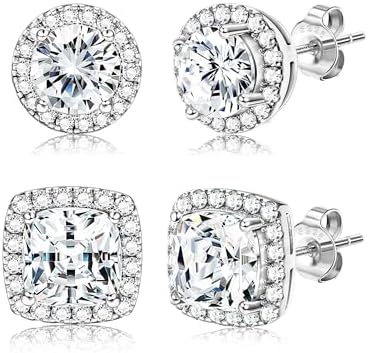 Hayoso 18K Gold Plated Halo Stud Earrings 925 Sterling Silver Cubic Zirconia Stud Earrings Round Square Diamonique Stud Earrings Set for Women Men