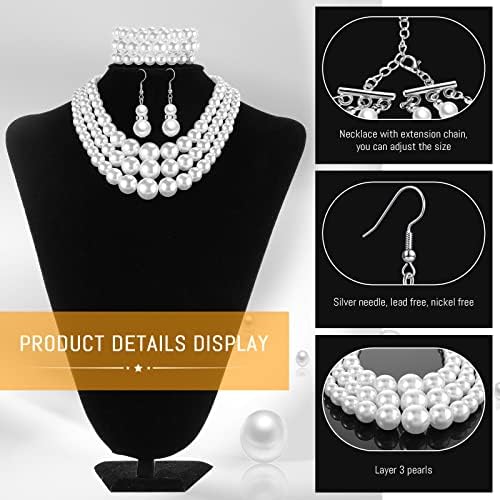 Haysandy 1920s Pearl Necklace For Women Costume Jewelry Set Faux Pearl Necklace Bracelet Earring For Party Wedding Gift