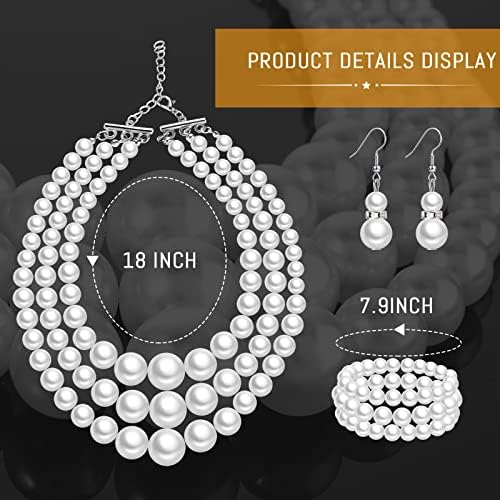 Haysandy 1920s Pearl Necklace For Women Costume Jewelry Set Faux Pearl Necklace Bracelet Earring For Party Wedding Gift