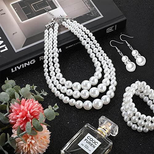 Haysandy 1920s Pearl Necklace For Women Costume Jewelry Set Faux Pearl Necklace Bracelet Earring For Party Wedding Gift