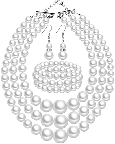 Haysandy 1920s Pearl Necklace for Women Costume Jewelry Set Faux Pearl Necklace Bracelet Earring for Party Wedding Gift
