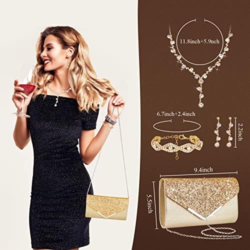 Henoyso 5 Pcs Purse Rhinestone Jewelry Set Prom Jewelry Rhinestone Clutch Purse Necklace Earrings Bracelets For Women Bride