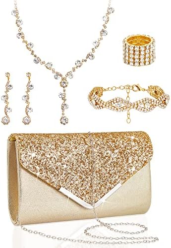Henoyso 5 Pcs Purse Rhinestone Jewelry Set Prom Jewelry Rhinestone Clutch Purse Necklace Earrings Bracelets for Women Bride