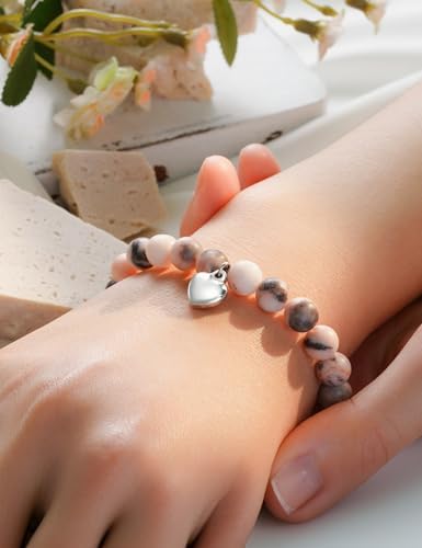 HGDEER 100% Natural Stone Adjustable Bracelets Pink Zebra Jasper Heart Charm Jewelry Trendy Birthday Teen Girl Gift Ideas With Quote Card & Gift Pouch