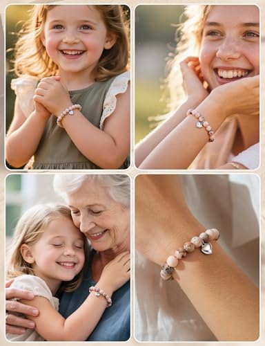 HGDEER 100% Natural Stone Adjustable Bracelets Pink Zebra Jasper Heart Charm Jewelry Trendy Birthday Teen Girl Gift Ideas With Quote Card & Gift Pouch
