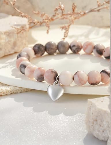 HGDEER 100% Natural Stone Adjustable Bracelets Pink Zebra Jasper Heart Charm Jewelry Trendy Birthday Teen Girl Gift Ideas With Quote Card & Gift Pouch