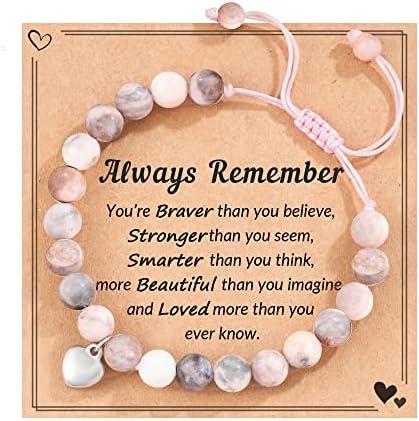 HGDEER 100% Natural Stone Adjustable Bracelets Pink Zebra Jasper Heart Charm Jewelry Trendy Birthday Teen Girl Gift Ideas with Quote Card & Gift Pouch