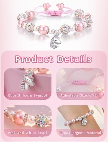 HGDEER Adjustable Pink Pearl Unicorn Charm Bracelet For Girls Daughter Granddaughter Niece Unicorn Birthday Christmas Graduation Gifts For Girls