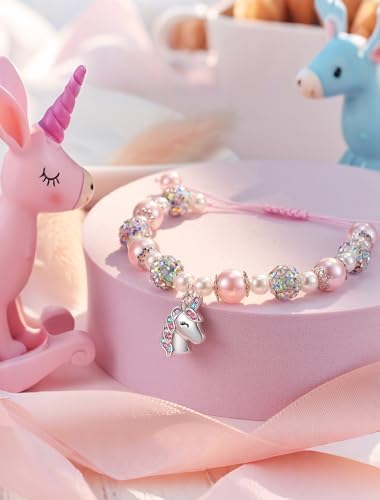 HGDEER Adjustable Pink Pearl Unicorn Charm Bracelet For Girls Daughter Granddaughter Niece Unicorn Birthday Christmas Graduation Gifts For Girls