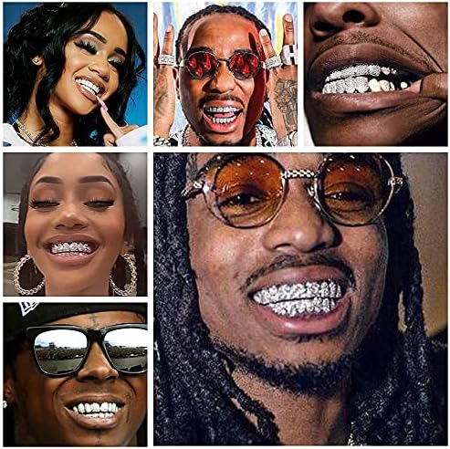 HH BLING EMPIRE Iced Out Diamond Teeth Grillz For Men Women Hip Hop Silver Grills For Your Teeth Top And Bottom Rapper Costume Mouth Grillz With Silicone Molding Bars