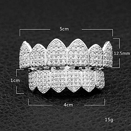 HH BLING EMPIRE Iced Out Diamond Teeth Grillz For Men Women Hip Hop Silver Grills For Your Teeth Top And Bottom Rapper Costume Mouth Grillz With Silicone Molding Bars