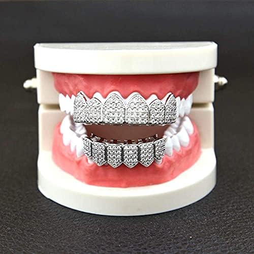 HH BLING EMPIRE Iced Out Diamond Teeth Grillz For Men Women Hip Hop Silver Grills For Your Teeth Top And Bottom Rapper Costume Mouth Grillz With Silicone Molding Bars