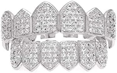 HH BLING EMPIRE Iced Out Diamond Teeth Grillz for Men Women Hip Hop Silver Grills for your teeth Top and Bottom Rapper Costume Mouth Grillz with Silicone Molding Bars