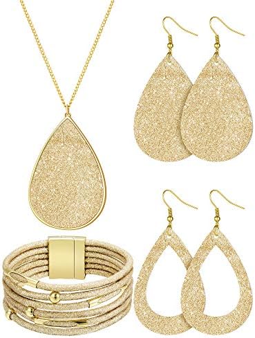 Hicarer 4 Pieces Women's Glitter Jewelry Set Bridal Wedding Multi-Layer Bracelet Faux Leather Dangle Earrings Necklace