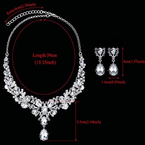 Hicarer Bridal Teardrop Cluster Crystal Jewelry Set For Women Necklace Earrings Wedding